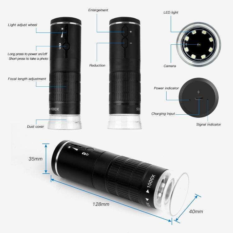 Microscopio digital de aumento F210 HD 1080P WIFI 1000X con 8 luces LED, F210 Silver