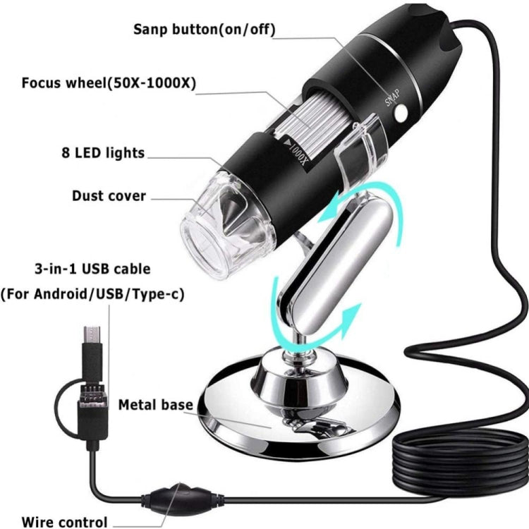 Lupa 1600X Sensor de imagen HD Microscopio digital USB 3 en 1 con 8 LED y soporte profesional
