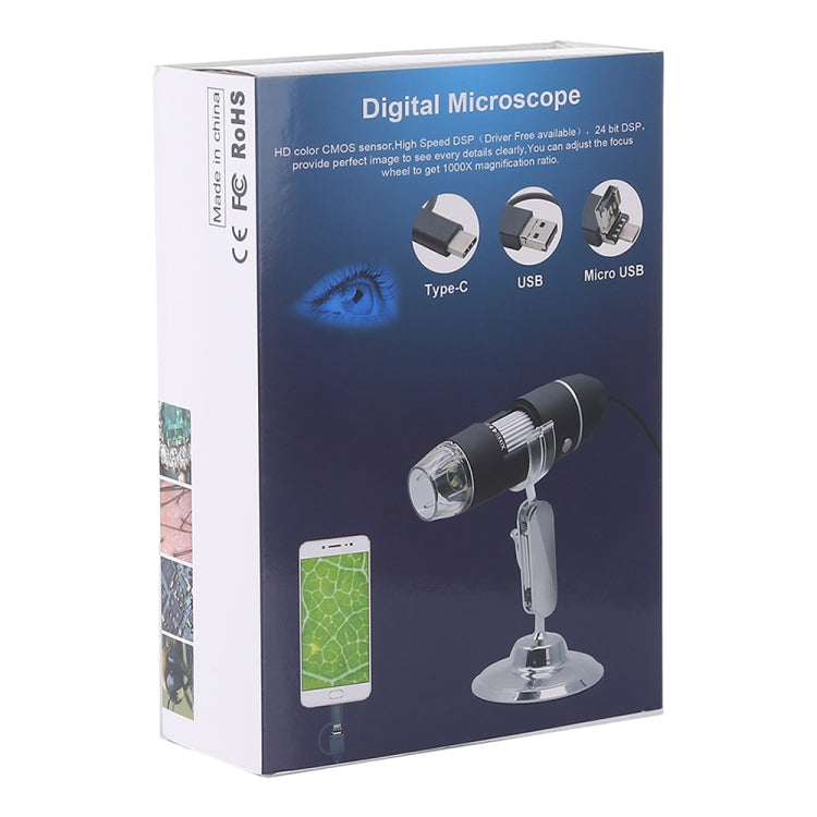 Lupa 1600X Sensor de imagen HD Microscopio digital USB 3 en 1 con 8 LED y soporte profesional
