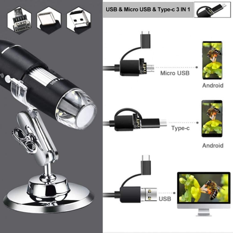 Lupa 1600X Sensor de imagen HD Microscopio digital USB 3 en 1 con 8 LED y soporte profesional