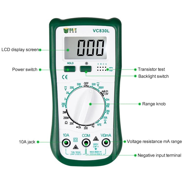 Multímetro digital de bolsillo para herramienta de reparación profesional BEST-VC830L