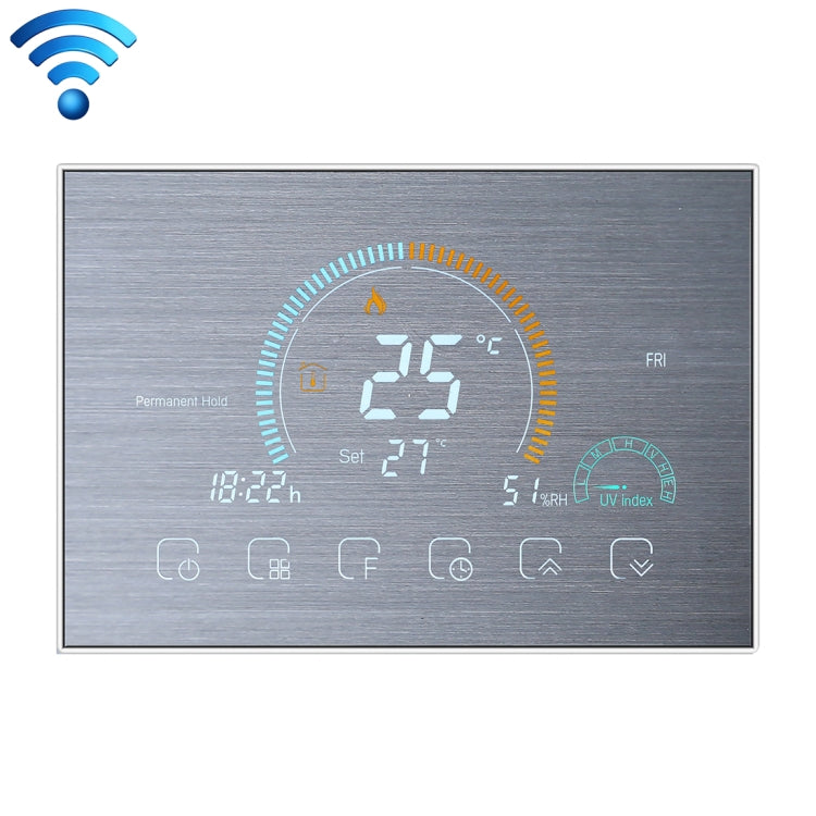 BHT-8000-GCLW-SS Espejo de acero inoxidable cepillado que controla la calefacción de caldera de agua/gas Ahorro de energía y respetuoso con el medio ambiente Pantalla negativa para el hogar inteligente Pantalla LCD Termostato de ambiente redondo con Wi...