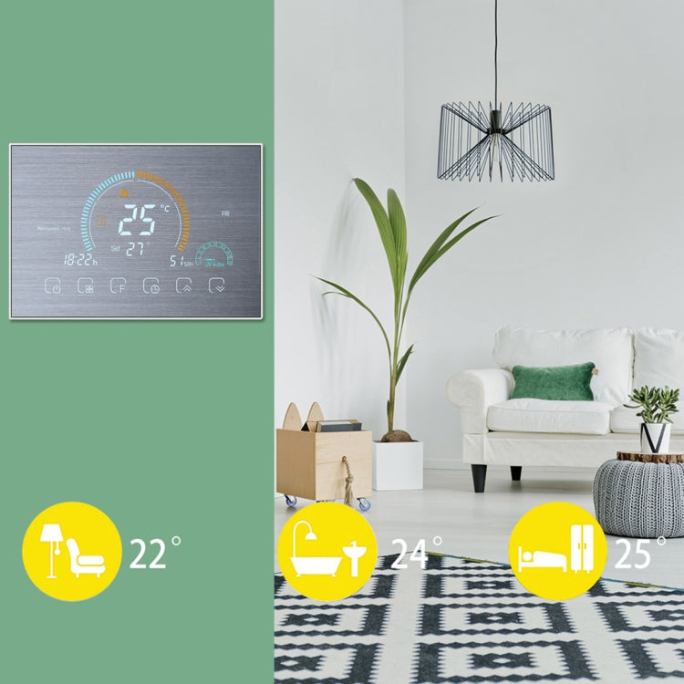BHT-8000-GCLW-SS Espejo de acero inoxidable cepillado que controla la calefacción de caldera de agua/gas Ahorro de energía y respetuoso con el medio ambiente Pantalla negativa para el hogar inteligente Pantalla LCD Termostato de ambiente redondo con Wi...