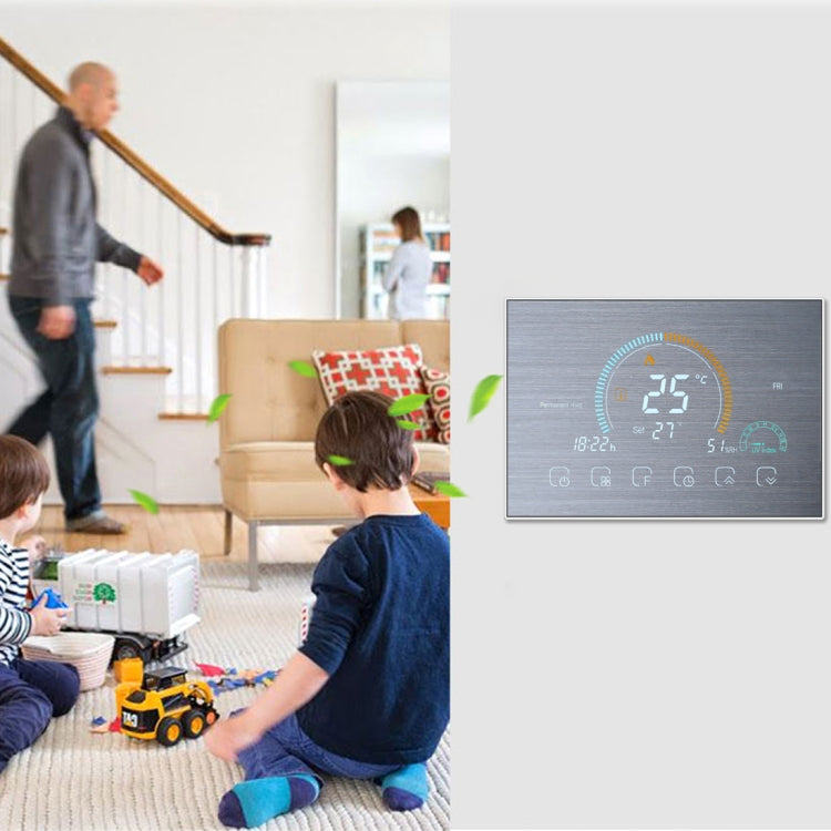 BHT-8000-GALW-SS Control de espejo de acero inoxidable cepillado Calentamiento de agua Ahorro de energía y respetuoso con el medio ambiente Pantalla negativa para el hogar inteligente Pantalla LCD Termostato de ambiente redondo con WiFi, with WiFi