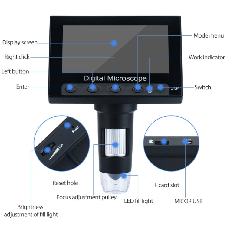 720P microscopio digital industrial con pantalla HD de 4,3 pulgadas