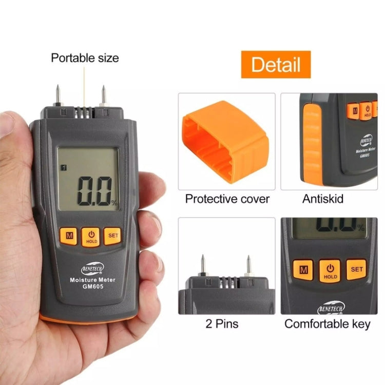 BENETECH GM605 Medidor de humedad de madera digital Probador de humedad Detector de humedad de madera, GM605
