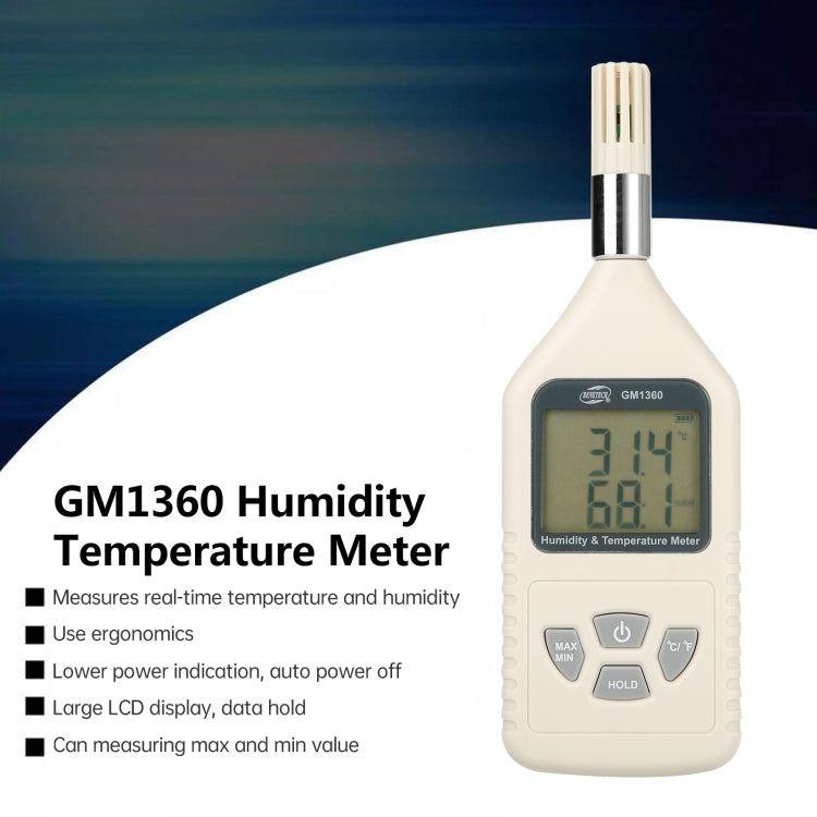 BENETECH GM1360 Medidor de temperatura y humedad digital industrial con sonda LCD, GM1360