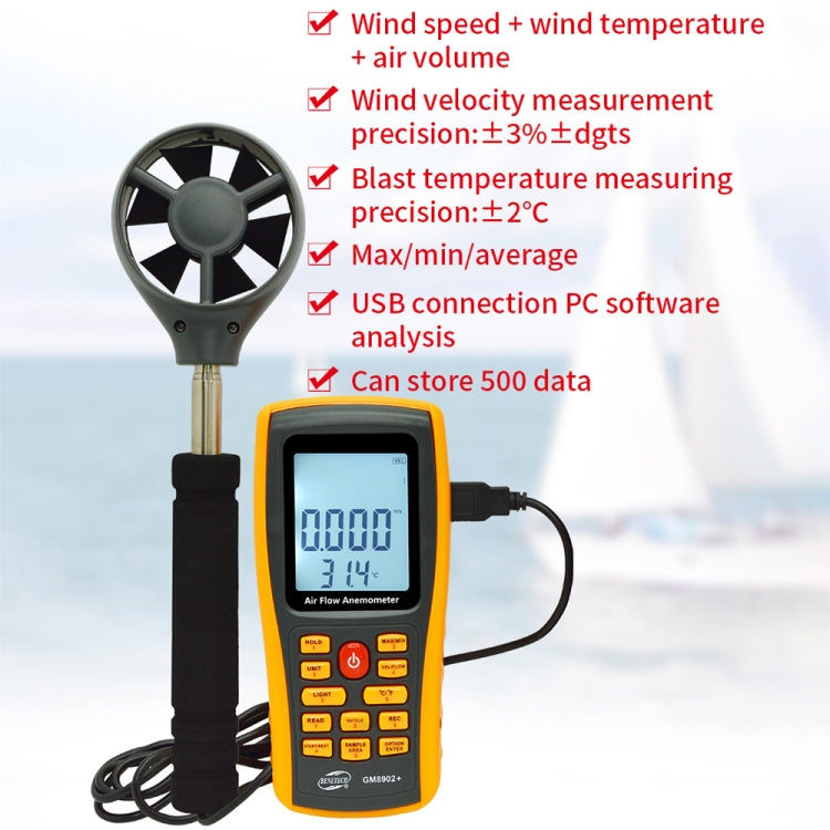 BENETECH GM8902+ Pantalla LCD Anemómetro digital Medidor de escala de velocidad del viento de flujo de aire, GM8902+