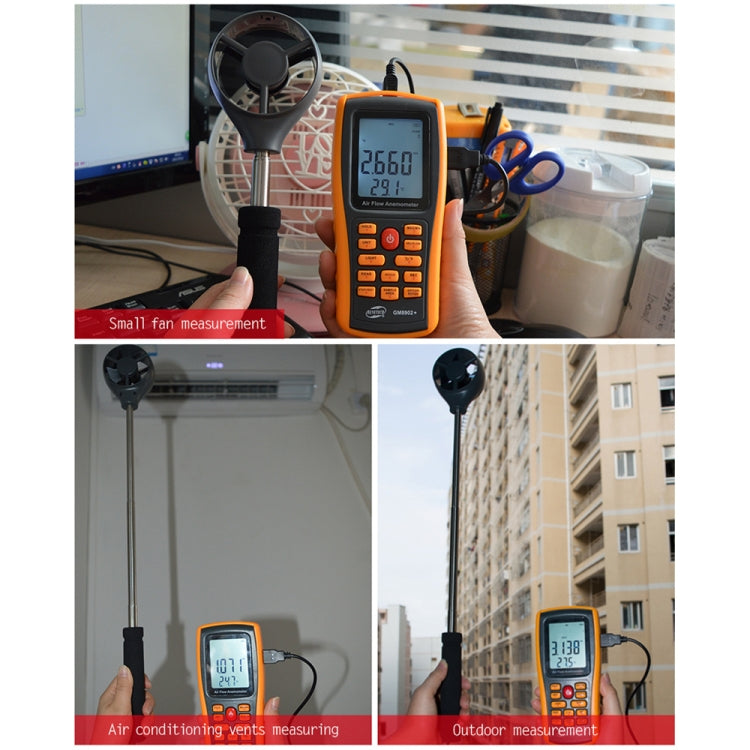 BENETECH GM8902+ Pantalla LCD Anemómetro digital Medidor de escala de velocidad del viento de flujo de aire, GM8902+