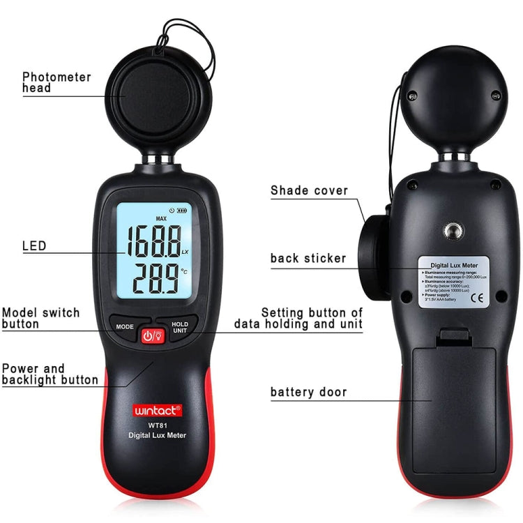 Medidor de lux de luz digital Wintact WT81 para fábrica/escuela/casa en diversas ocasiones, rango: 0-200.000 Lux