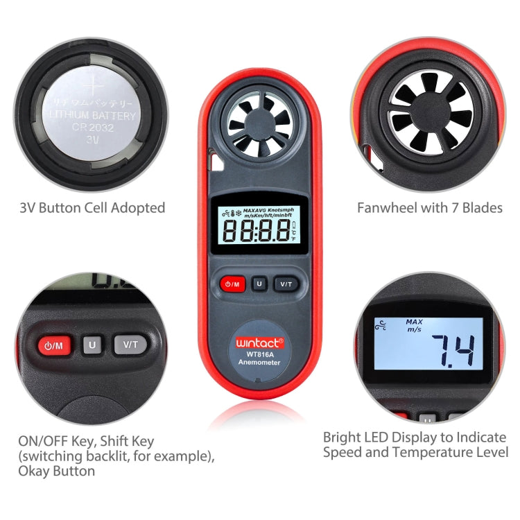 Anemómetro Termómetro Electrónico Digital Wintact WT816A, WT816A