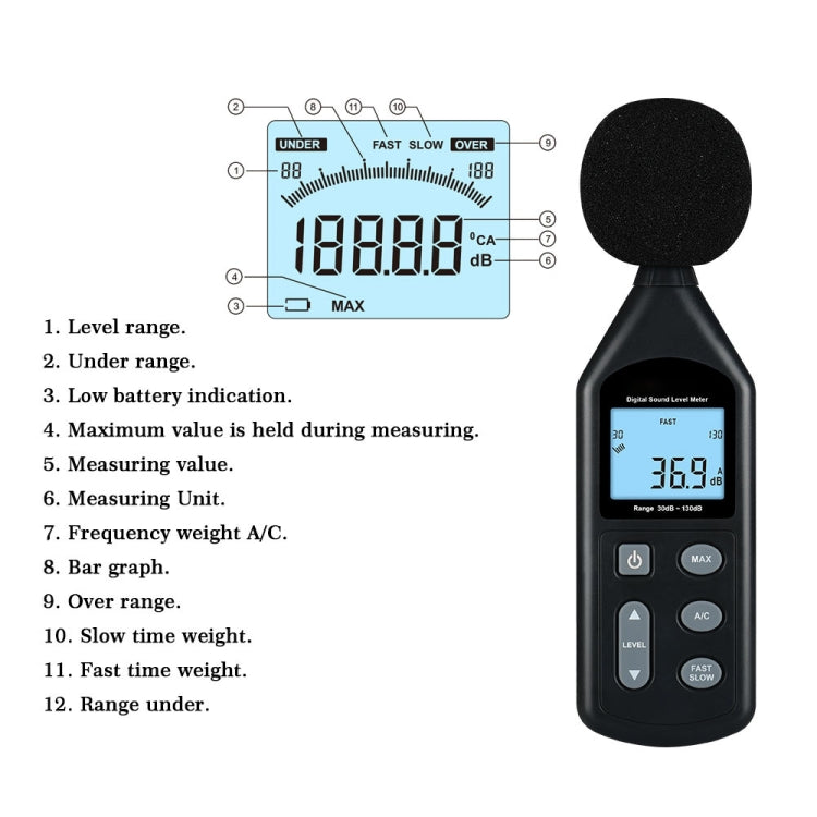 Medidor de nivel de sonido digital Wintact WT1357, rango: 30 dB ~ 130 dB, WT1357