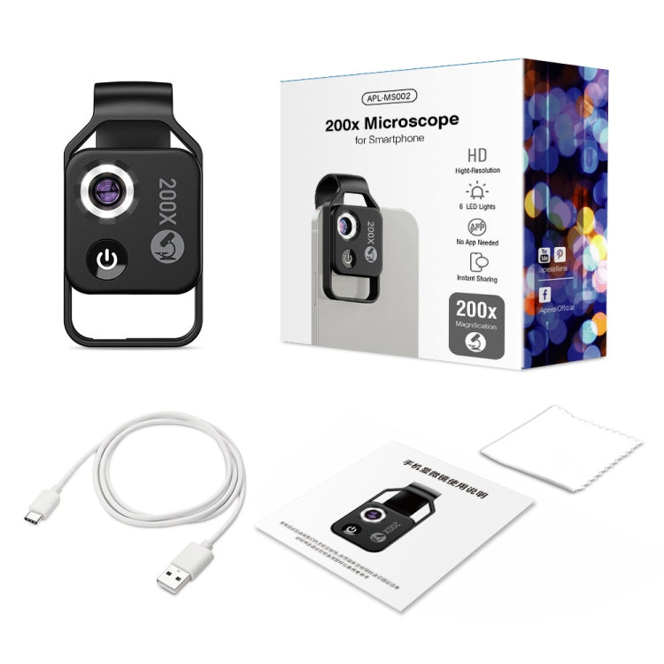 APEXEL APL-MS002BK 200X HD Microscopio portátil universal para teléfono móvil con luz LED, APL-MS002BK