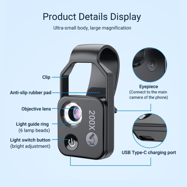 APEXEL APL-MS002BK 200X HD Microscopio portátil universal para teléfono móvil con luz LED, APL-MS002BK