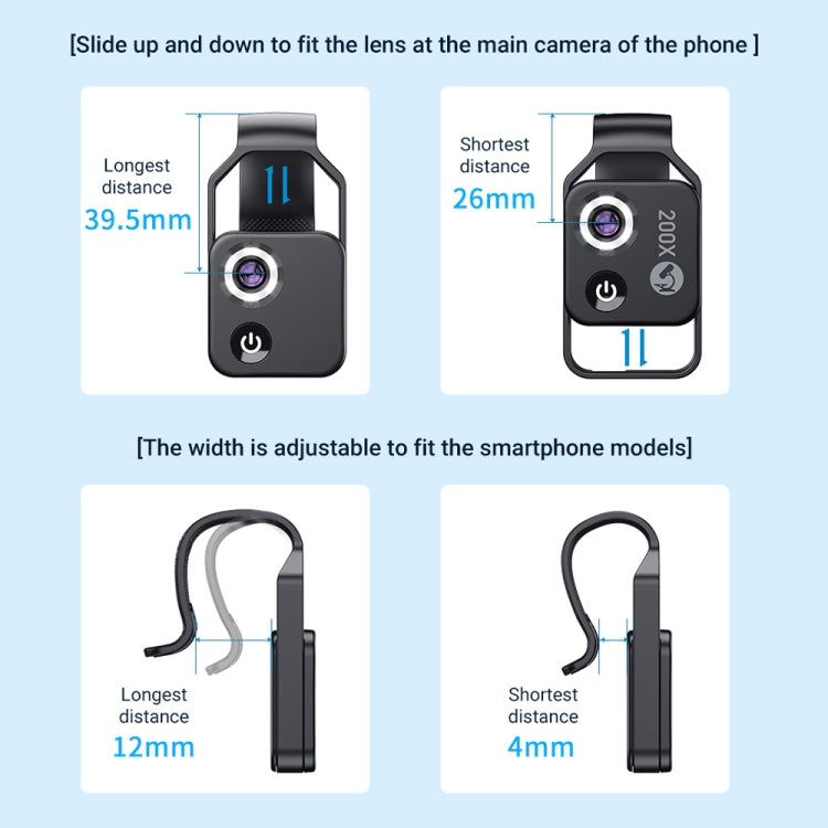 APEXEL APL-MS002BK 200X HD Microscopio portátil universal para teléfono móvil con luz LED, APL-MS002BK
