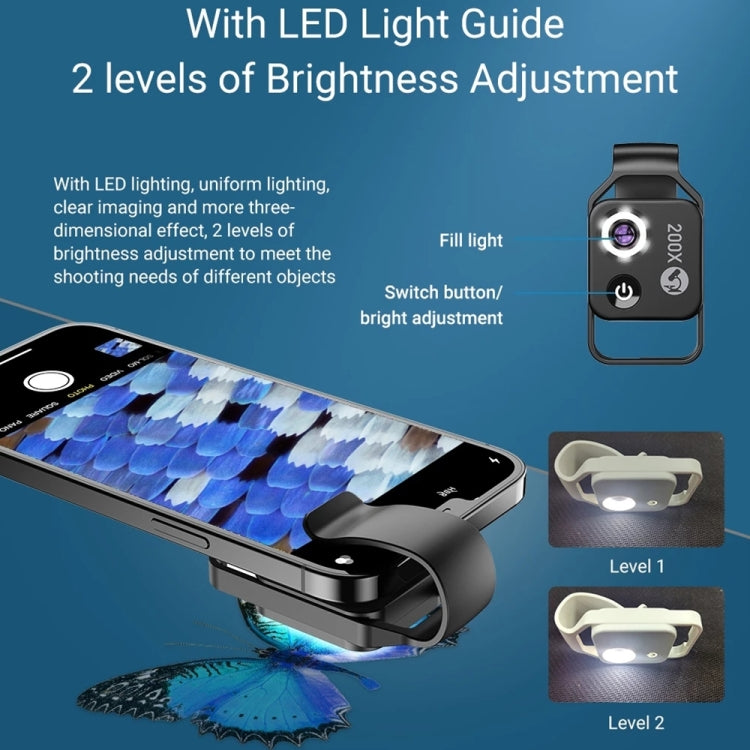 APEXEL APL-MS002BK 200X HD Microscopio portátil universal para teléfono móvil con luz LED, APL-MS002BK