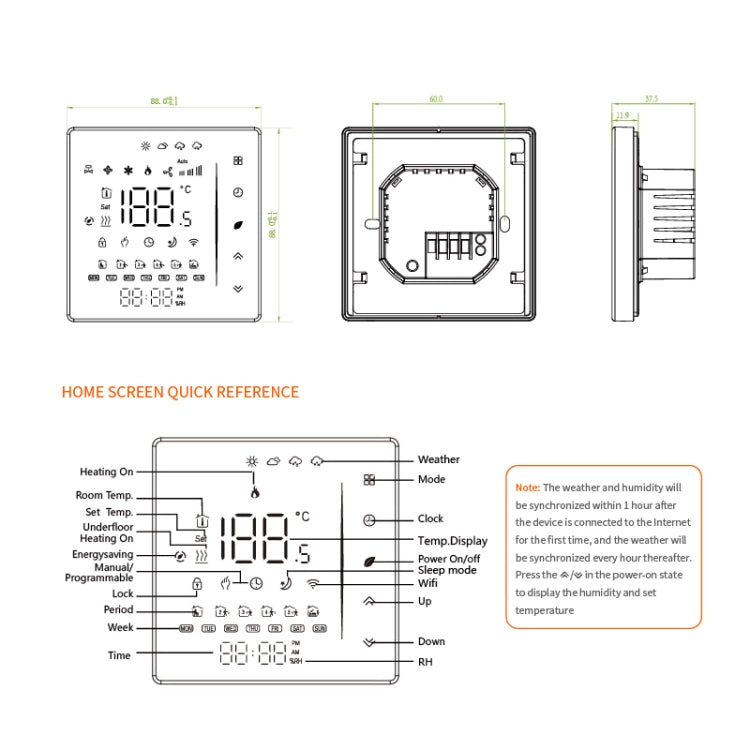 BHT-006GALW 95-240V AC 5A Termostato de calefacción para el hogar inteligente para caja de la UE, control de calentamiento de agua con solo sensor interno y conexión WiFi, BHT-006GALW