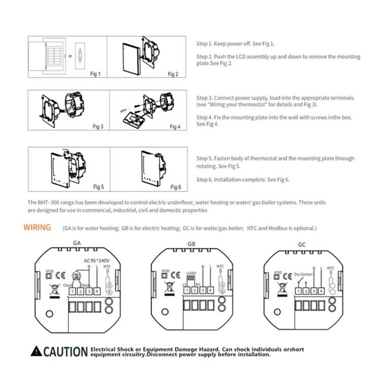 BHT-006GBLW 95-240V AC 16A Termostato de calefacción para el hogar inteligente para caja de la UE, control de calefacción eléctrica con solo sensor interno, sensor externo y conexión WiFi, BHT-006GBLW