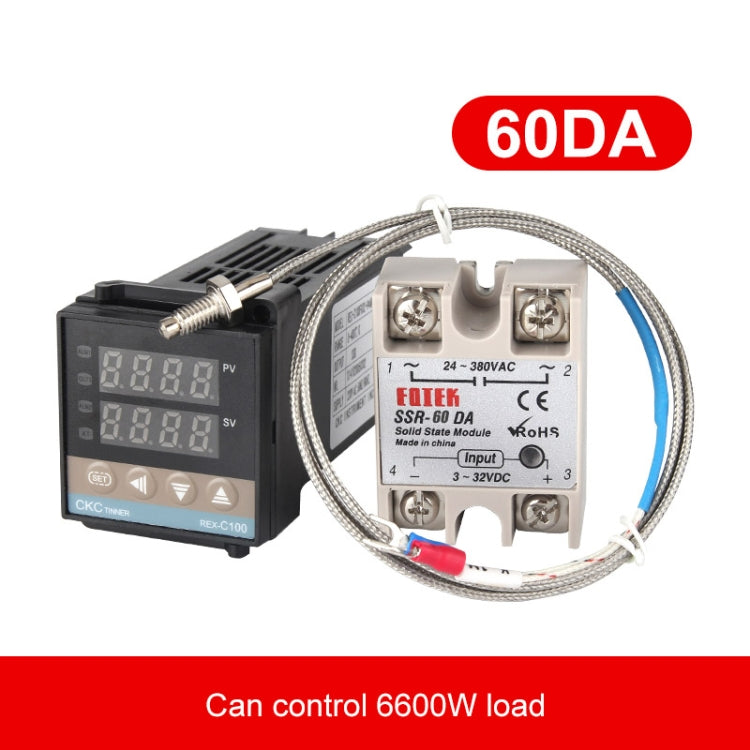 Termostato REX-C100 + termopar + Kit de control de temperatura inteligente del módulo de estado sólido SSR-60 DA, 60DA