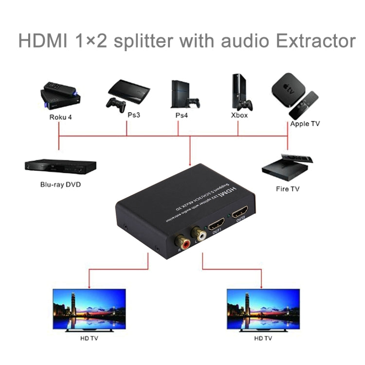 Divisor HDMI 1x2 con extractor de audio, compatible con 5.1CH/2CH, 4Kx2K, 3D, 4Kx2K with Audio Extractor