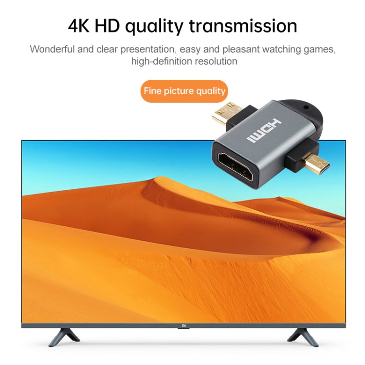 Adaptador de cabeza chapado en oro 2 en 1 Mini HDMI macho + Micro HDMI macho a HDMI hembra, Mini HDMI Male+Micro HDMI Male to HDMI Female