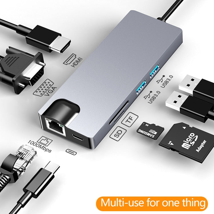 HW-TC12 Adaptador HUB de extensión multifuncional tipo C/USB-C 8 en 1, lector de tarjetas Hub HDMI/Vga + tarjeta de red