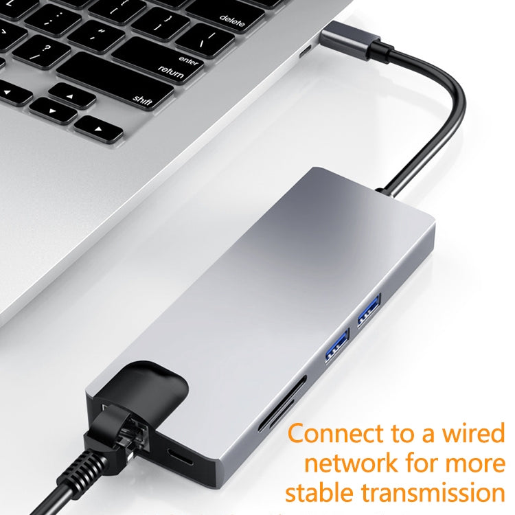 HW-TC12 Adaptador HUB de extensión multifuncional tipo C/USB-C 8 en 1, lector de tarjetas Hub HDMI/Vga + tarjeta de red