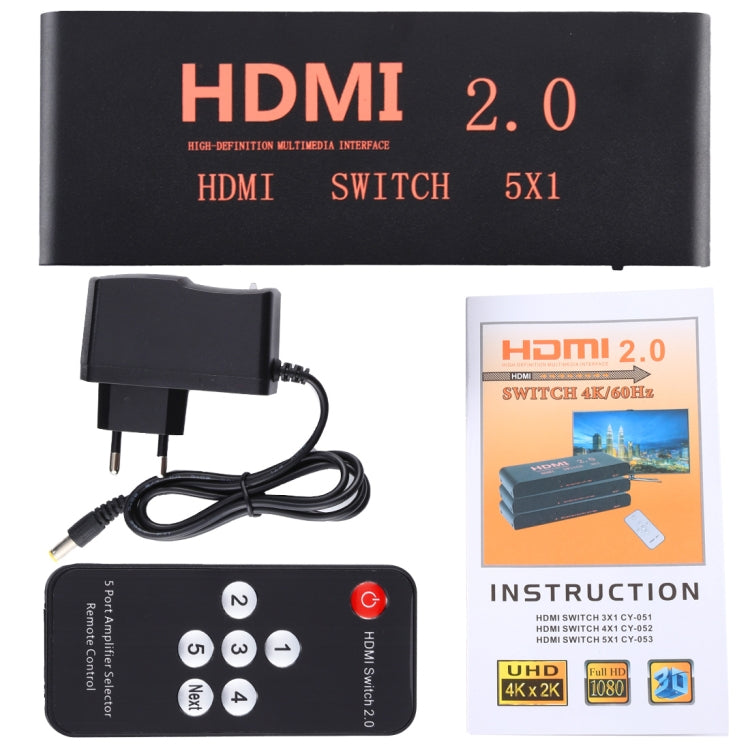 Conmutador HDMI 2.0 5X1 4K/60Hz con control remoto, enchufe UE, 5X1