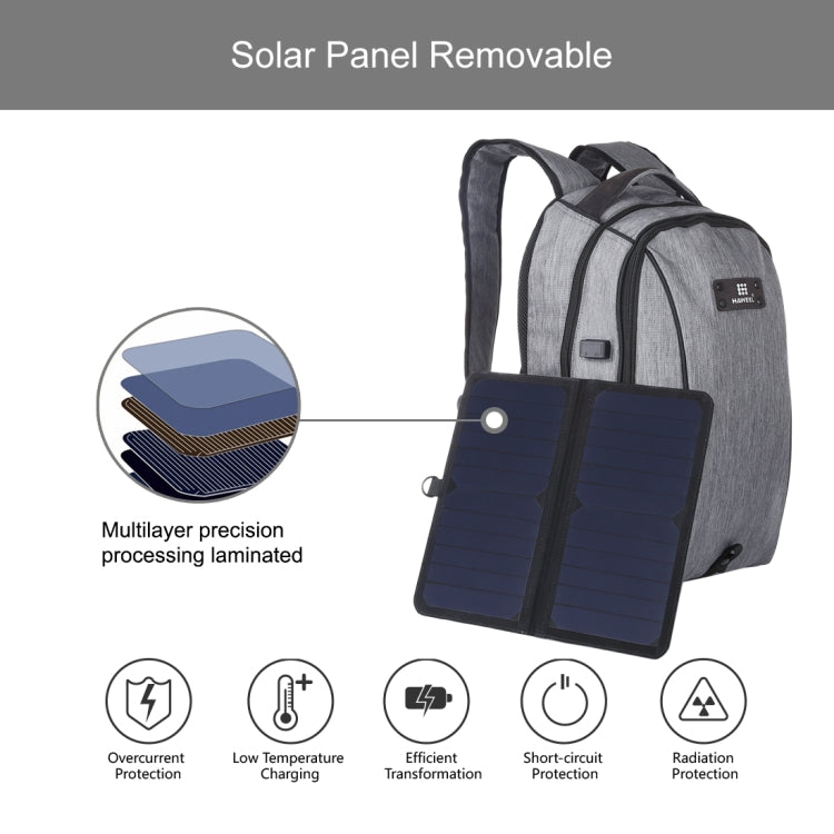 HAWEEL 14W Mochila para computadora portátil con hombros dobles de lona portátil para exteriores con energía solar extraíble plegable, salida USB: 5V 2.1A máx.