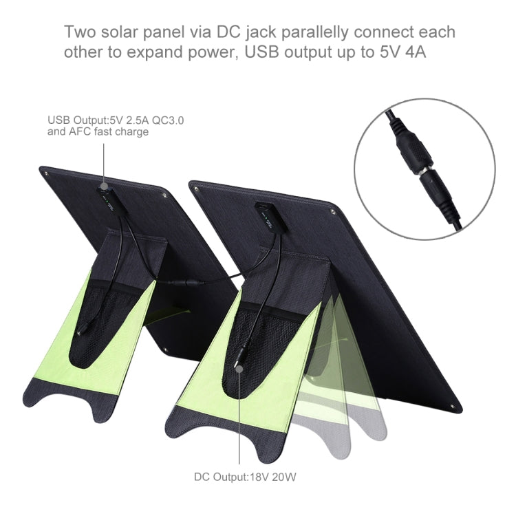 Cargador de panel de energía solar de silicio monocristalino portátil HAWEEL de 20 W, con puerto USB, soporte y clip de tigre, compatible con QC3.0 y AFC