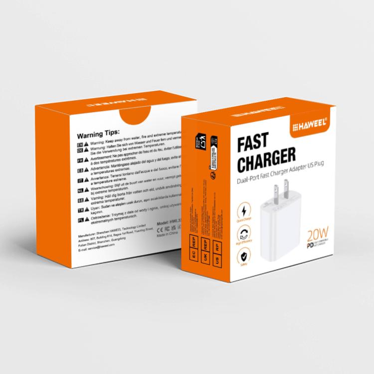 Adaptador de cargador rápido de doble puerto HAWEEL de 20 W, enchufe estadounidense., Dual-Port Charger US Plug
