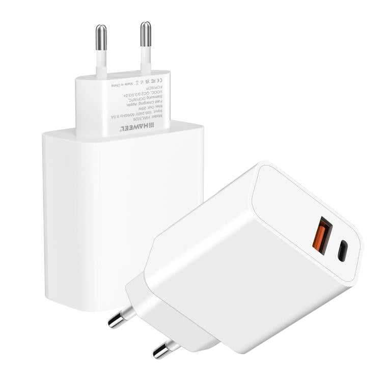 Adaptador de cargador rápido de doble puerto HAWEEL de 20 W, enchufe europeo., Dual-Port Charger EU Plug