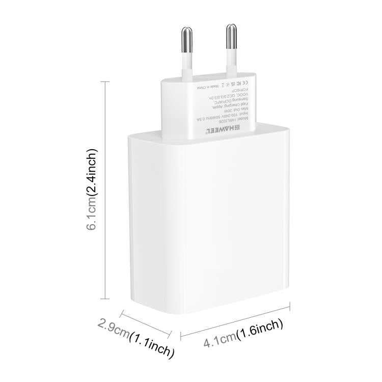 Adaptador de cargador rápido de doble puerto HAWEEL de 20 W, enchufe europeo., Dual-Port Charger EU Plug