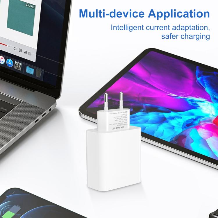 Adaptador de cargador rápido de doble puerto HAWEEL de 20 W, enchufe europeo., Dual-Port Charger EU Plug