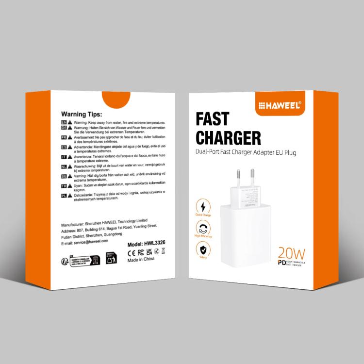 Adaptador de cargador rápido de doble puerto HAWEEL de 20 W, enchufe europeo., Dual-Port Charger EU Plug