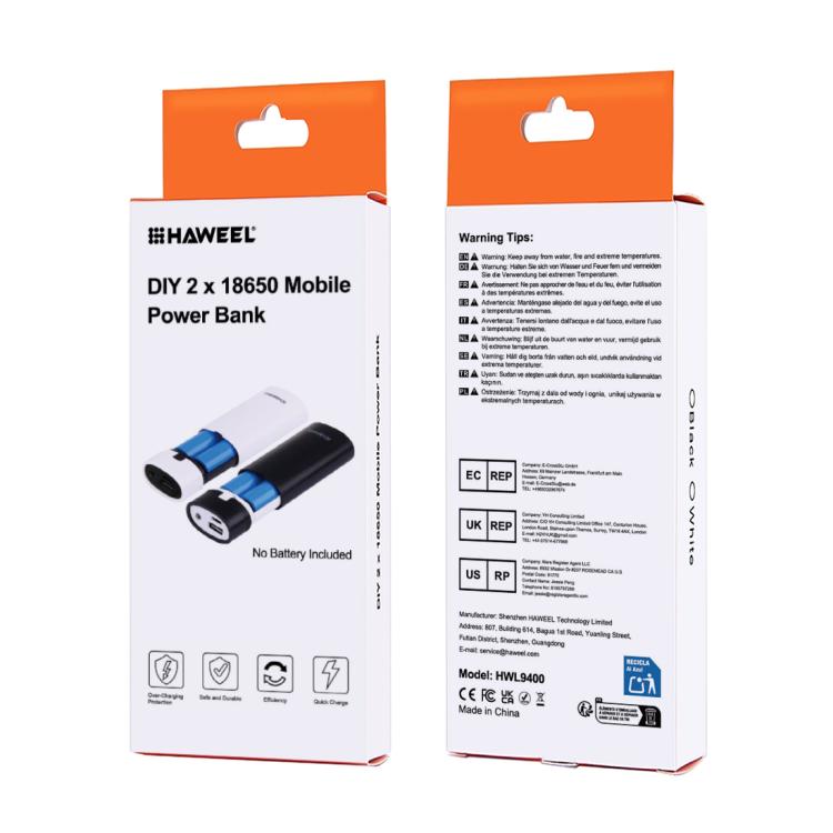 HAWEEL DIY 2x 18650 batería (no incluida) 5600mAh Power Bank Shell Box con salida USB e indicador, DIY 2 Batteries(Black), DIY 2 Batteries(White)