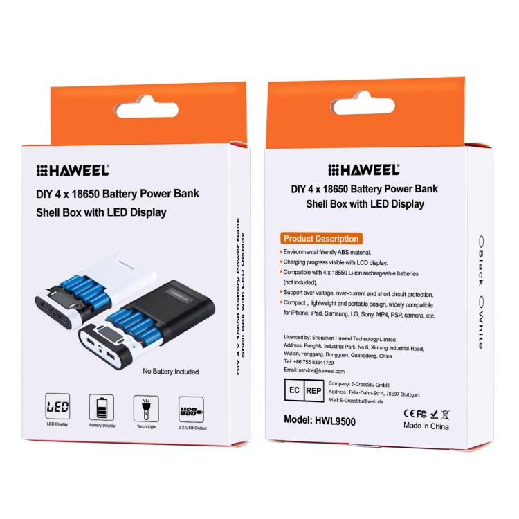 HAWEEL DIY 4 x 18650 batería (no incluida) 10000 mAh Power Bank Shell Box con 2 x salida USB y pantalla para iPhone, Galaxy, Sony, HTC, Google, Huawei, Xiaomi, Lenovo y otros teléfonos inteligentes, DIY 4 x 18650 10000mAh  Battery (US)                 ...