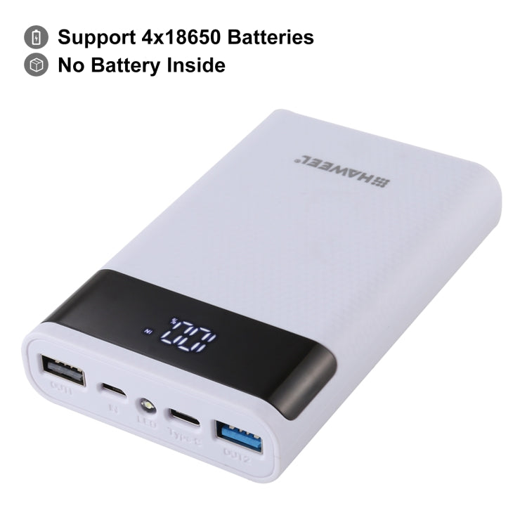 HAWEEL DIY 4x 18650 Batería (no incluida) 12000mAh Cargador QC de doble vía Caja de carcasa de banco de energía con 2 salidas USB y pantalla, compatible con QC 2.0 / QC 3.0 / FCP / SFCP / AFC / MTK / BC 1.2 / PD, DIY 4x 18650 Batteries 12000mAh