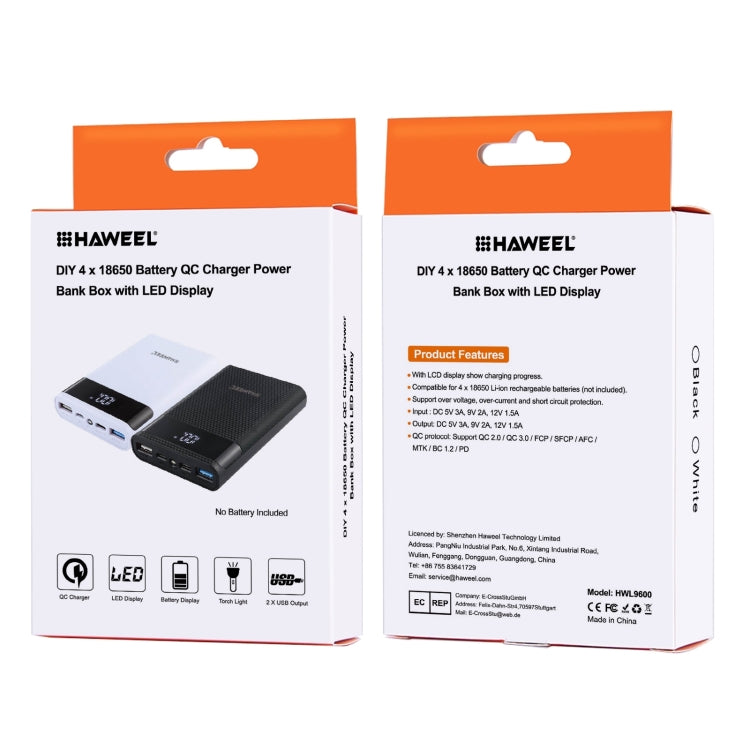 HAWEEL DIY 4x 18650 Batería (no incluida) 12000mAh Cargador QC de doble vía Caja de carcasa de banco de energía con 2 salidas USB y pantalla, compatible con QC 2.0 / QC 3.0 / FCP / SFCP / AFC / MTK / BC 1.2 / PD, DIY 4x 18650 Batteries 12000mAh