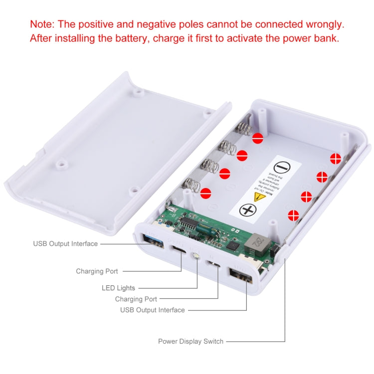 HAWEEL DIY 4x 18650 Batería (no incluida) 12000mAh Cargador QC de doble vía Caja de carcasa de banco de energía con 2 salidas USB y pantalla, compatible con QC 2.0 / QC 3.0 / FCP / SFCP / AFC / MTK / BC 1.2 / PD, DIY 4x 18650 Batteries 12000mAh