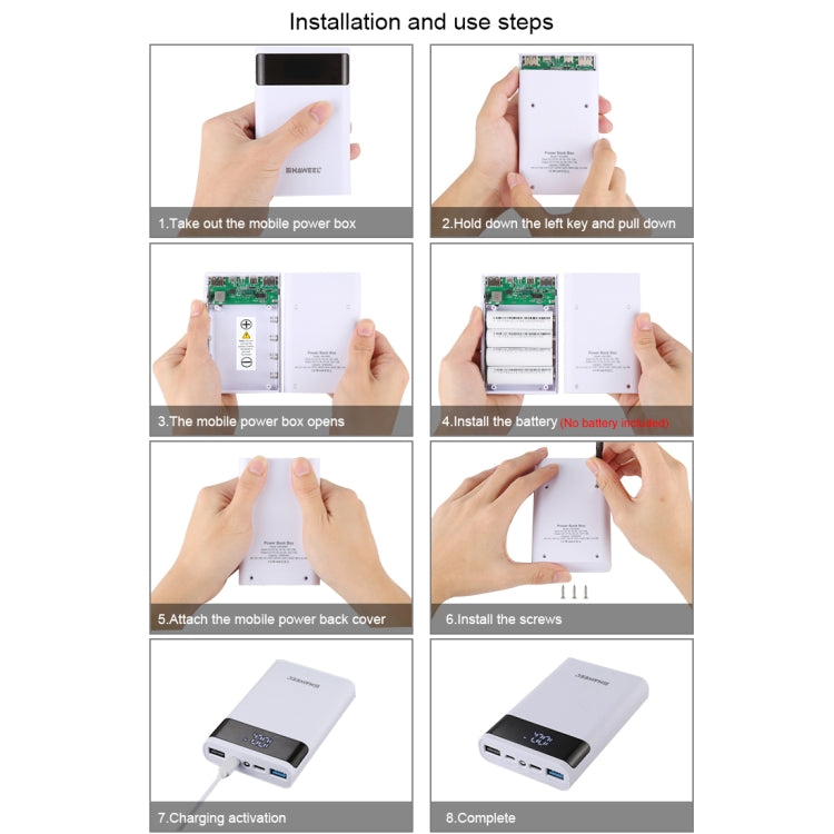 HAWEEL DIY 4x 18650 Batería (no incluida) 12000mAh Cargador QC de doble vía Caja de carcasa de banco de energía con 2 salidas USB y pantalla, compatible con QC 2.0 / QC 3.0 / FCP / SFCP / AFC / MTK / BC 1.2 / PD, DIY 4x 18650 Batteries 12000mAh