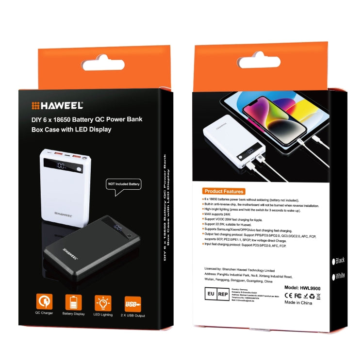 HAWEEL DIY 6 x 18650 batería 24W caja de banco de energía de carga rápida con pantalla, no incluye batería, 6 x 18650 Battery