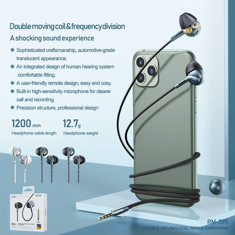 REMAX RM-595 Auricular intrauditivo estéreo de música de metal de doble acción con clavija dorada de 3,5 mm con control por cable + micrófono, soporte manos libres