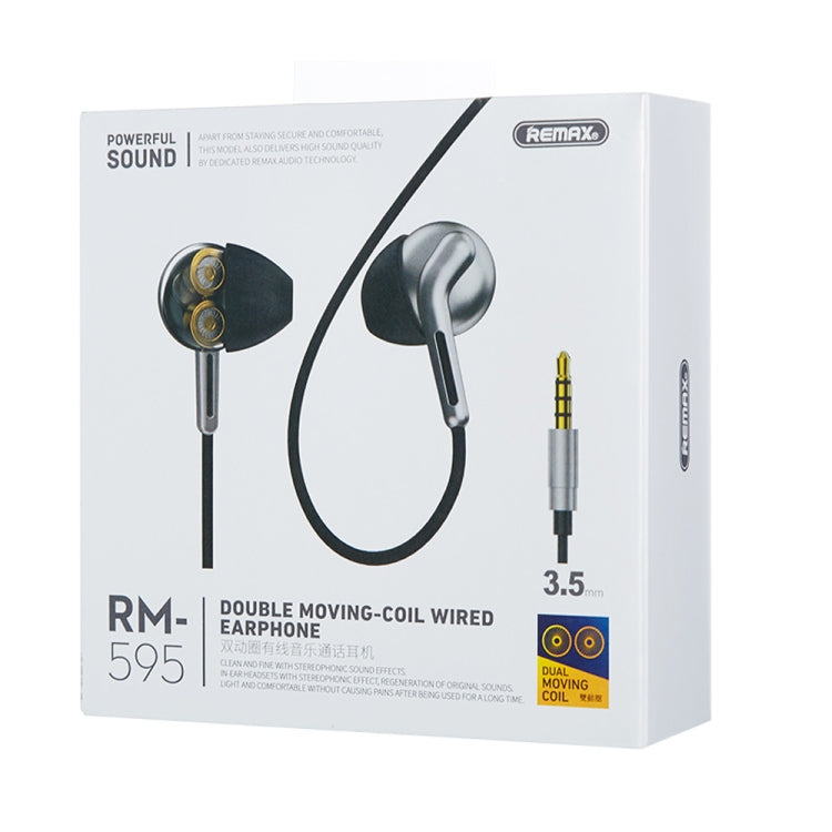 REMAX RM-595 Auricular intrauditivo estéreo de música de metal de doble acción con clavija dorada de 3,5 mm con control por cable + micrófono, soporte manos libres