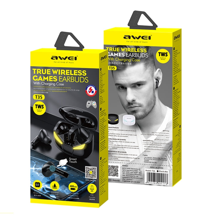 Wei T35 Bluetooth V5.0 Ture inalámbrico juego de deportes modo dual IPX5 impermeable TWS auriculares con estuche de carga