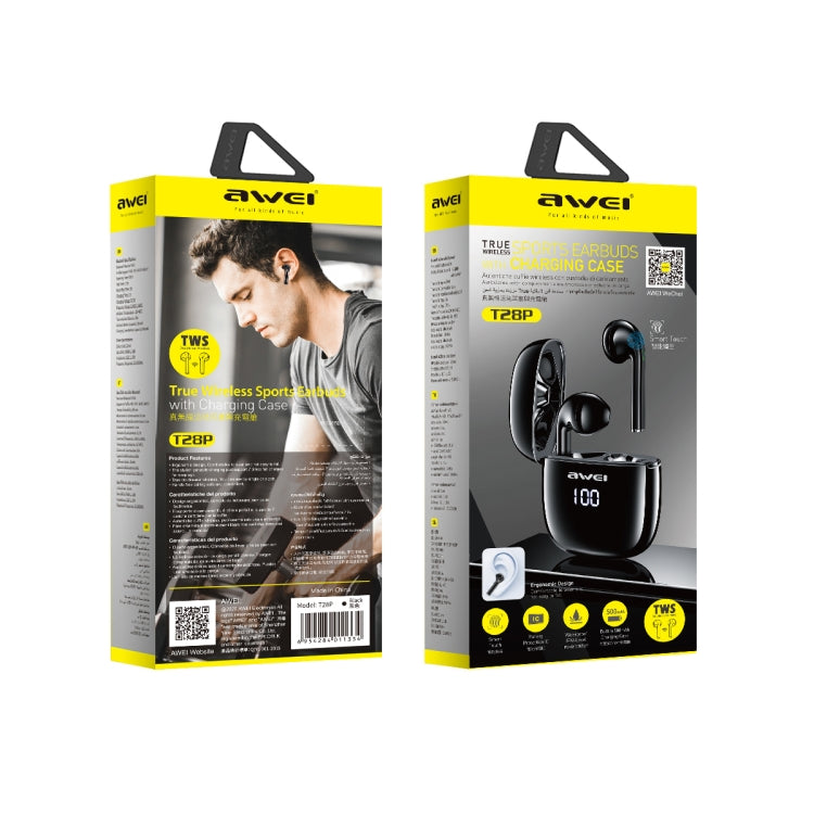 awei T28P Bluetooth V5.0 TWS Ture Auriculares inalámbricos deportivos con pantalla LED y estuche de carga