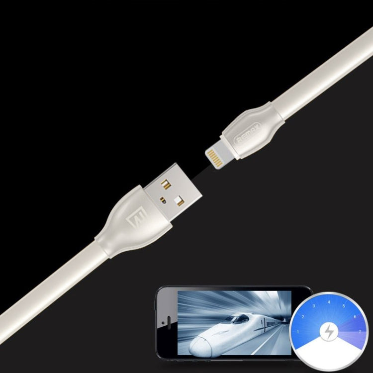REMAX RC-035i Laser Series 1m 2.1A Cable cargador de sincronización de datos de 8 pines a USB con indicador LED, White, Gold