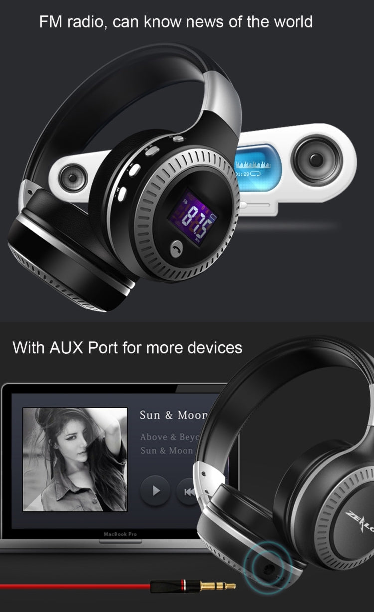 Zealot B19 Auriculares de música estéreo Bluetooth con diadema plegable y pantalla para iPhone, Galaxy, Huawei, Xiaomi, LG, HTC y otros teléfonos inteligentes
