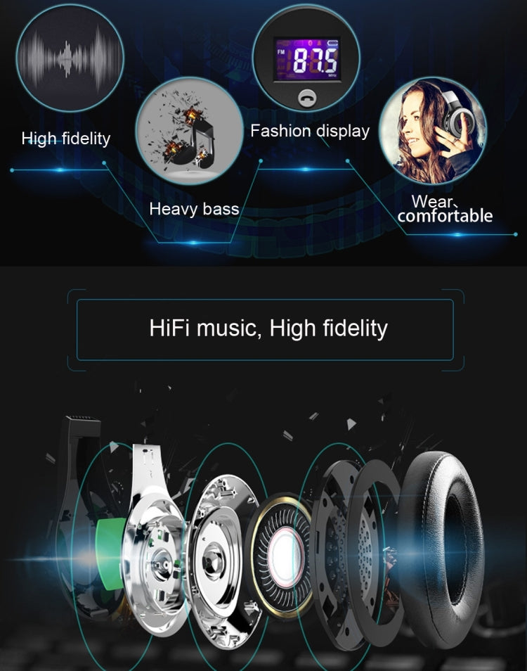 Zealot B19 Auriculares de música estéreo Bluetooth con diadema plegable y pantalla para iPhone, Galaxy, Huawei, Xiaomi, LG, HTC y otros teléfonos inteligentes