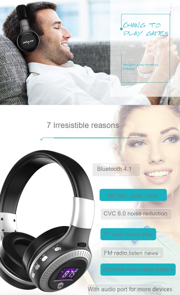Zealot B19 Auriculares de música estéreo Bluetooth con diadema plegable y pantalla para iPhone, Galaxy, Huawei, Xiaomi, LG, HTC y otros teléfonos inteligentes